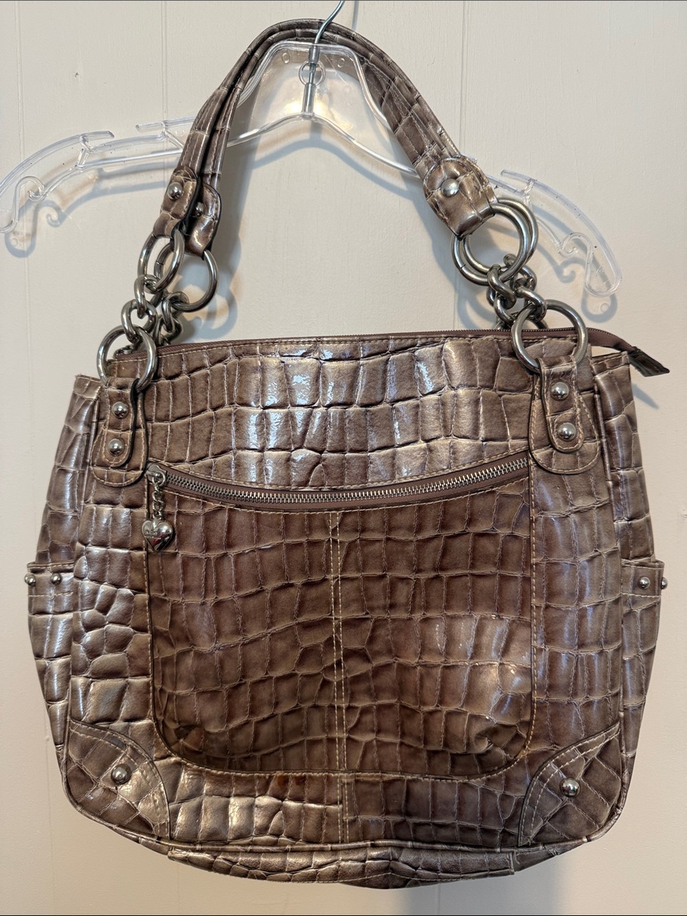Kathy Van Zeeland Metallic Taupe Croc-Embossed Shoulder Bag